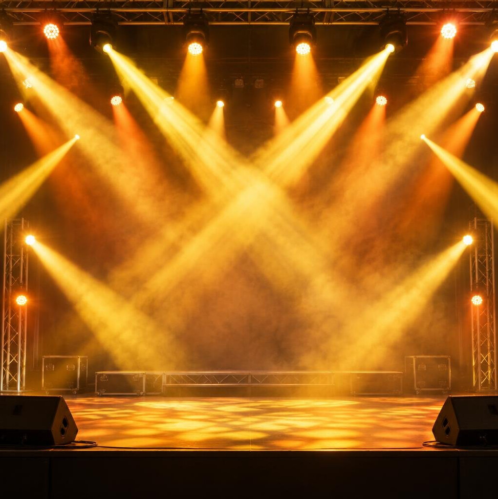 Stage lighting with bright beams at an event