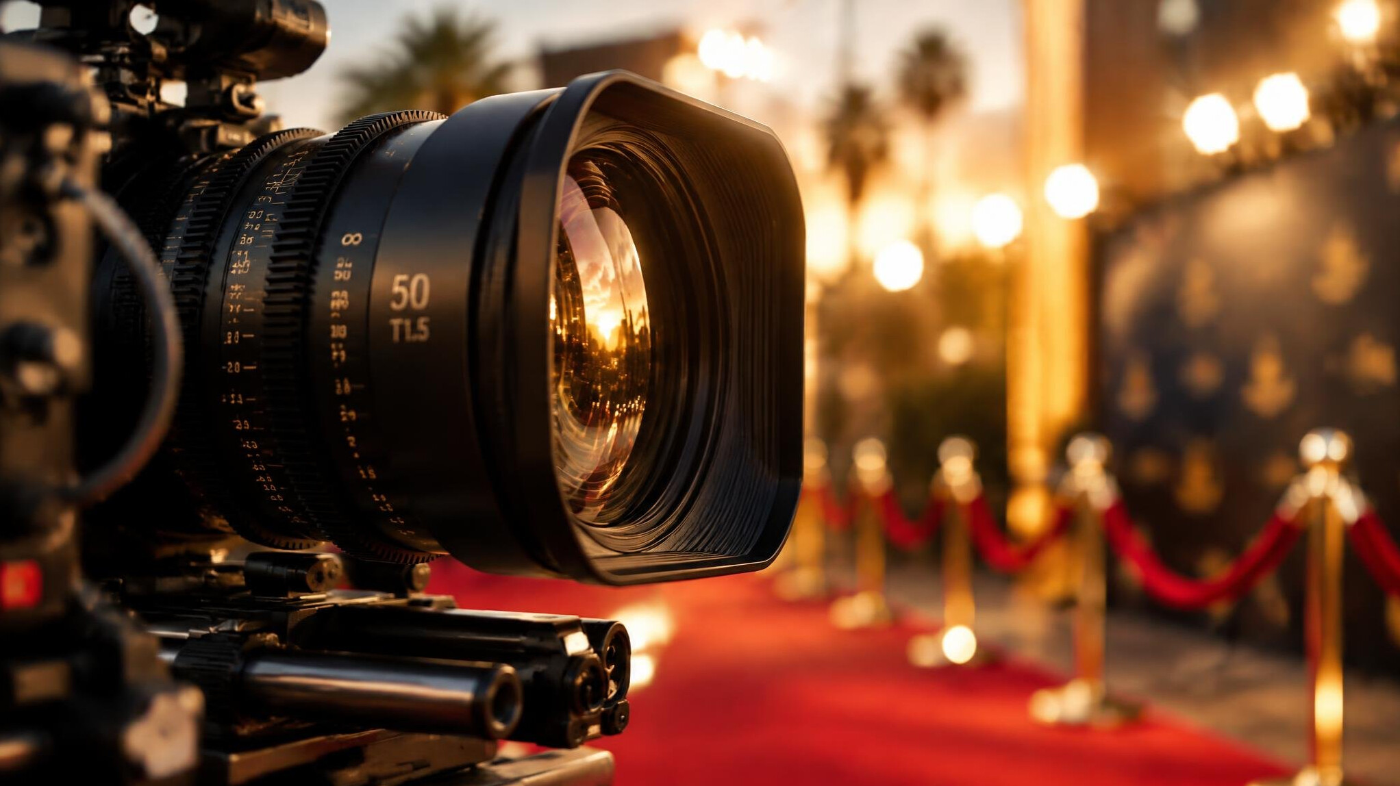 Professional camera lens close-up at an evening event
