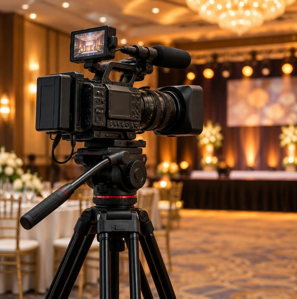 Camera on a tripod ready for an event