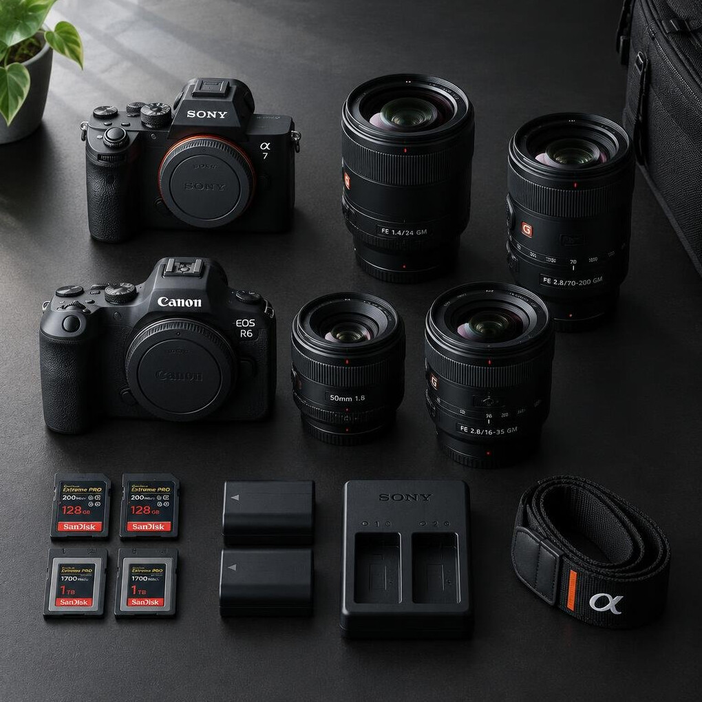 Professional camera gear laid out on a table