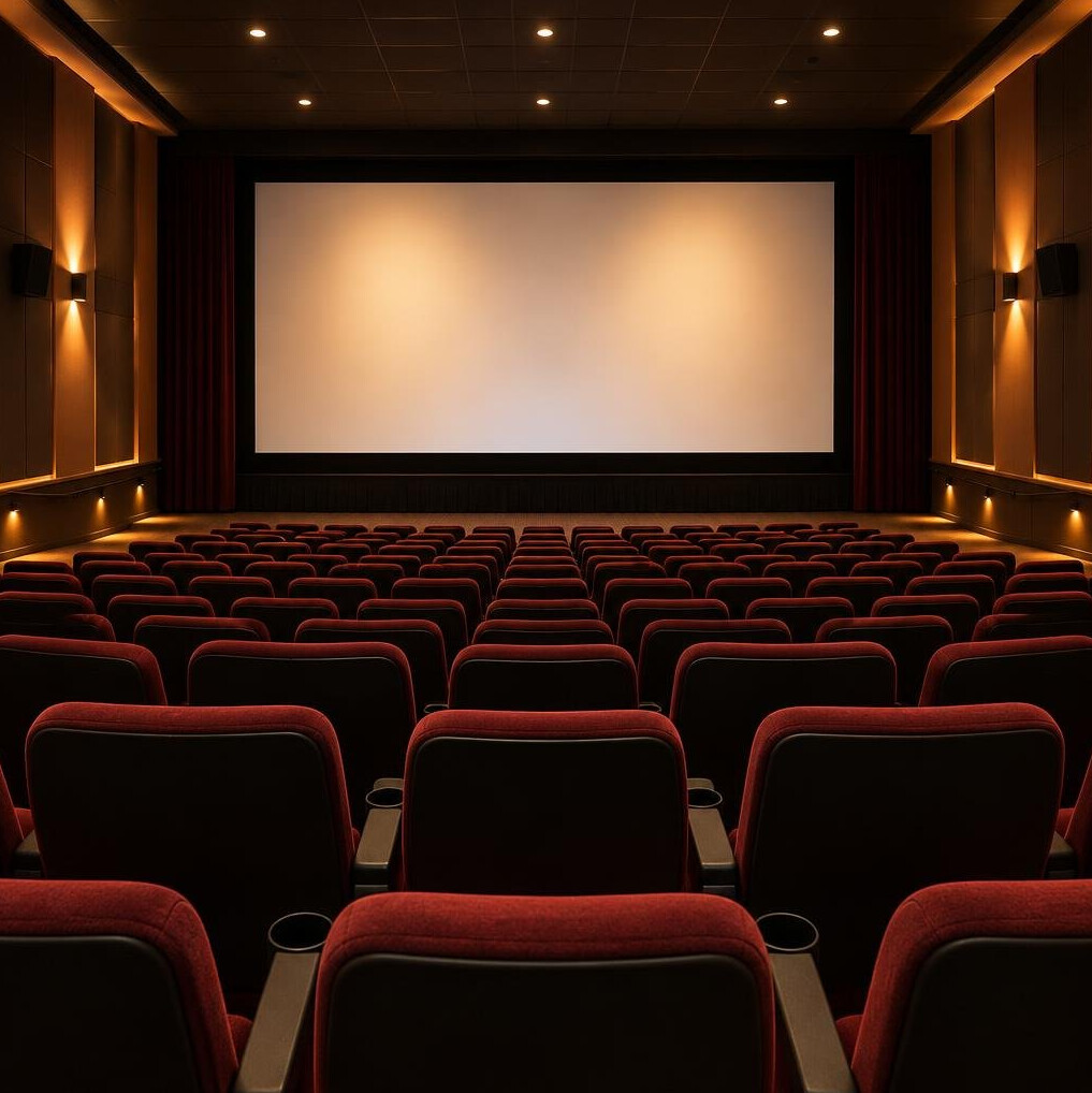 Empty cinema auditorium with warm lights