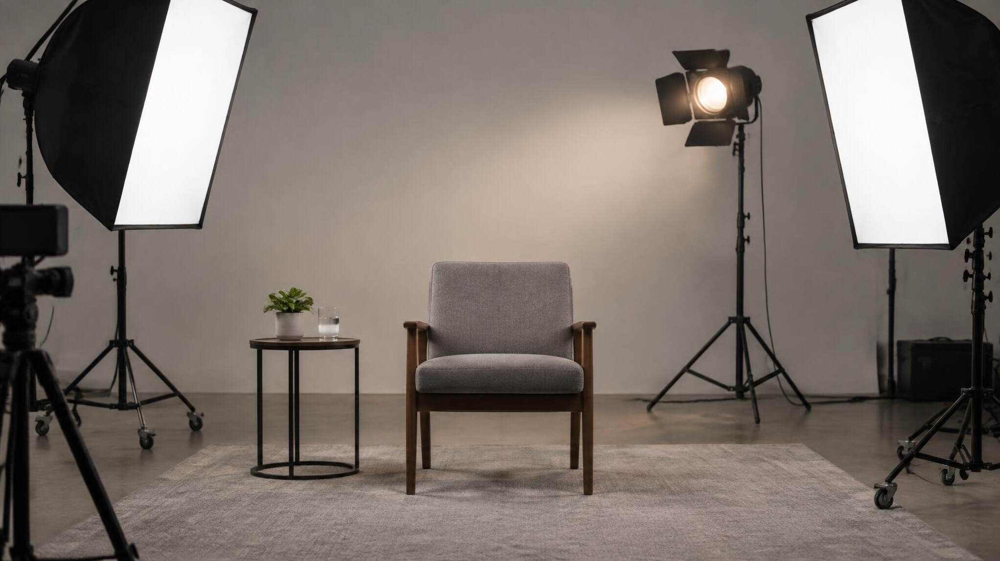 Studio lighting setup with softboxes for interviews