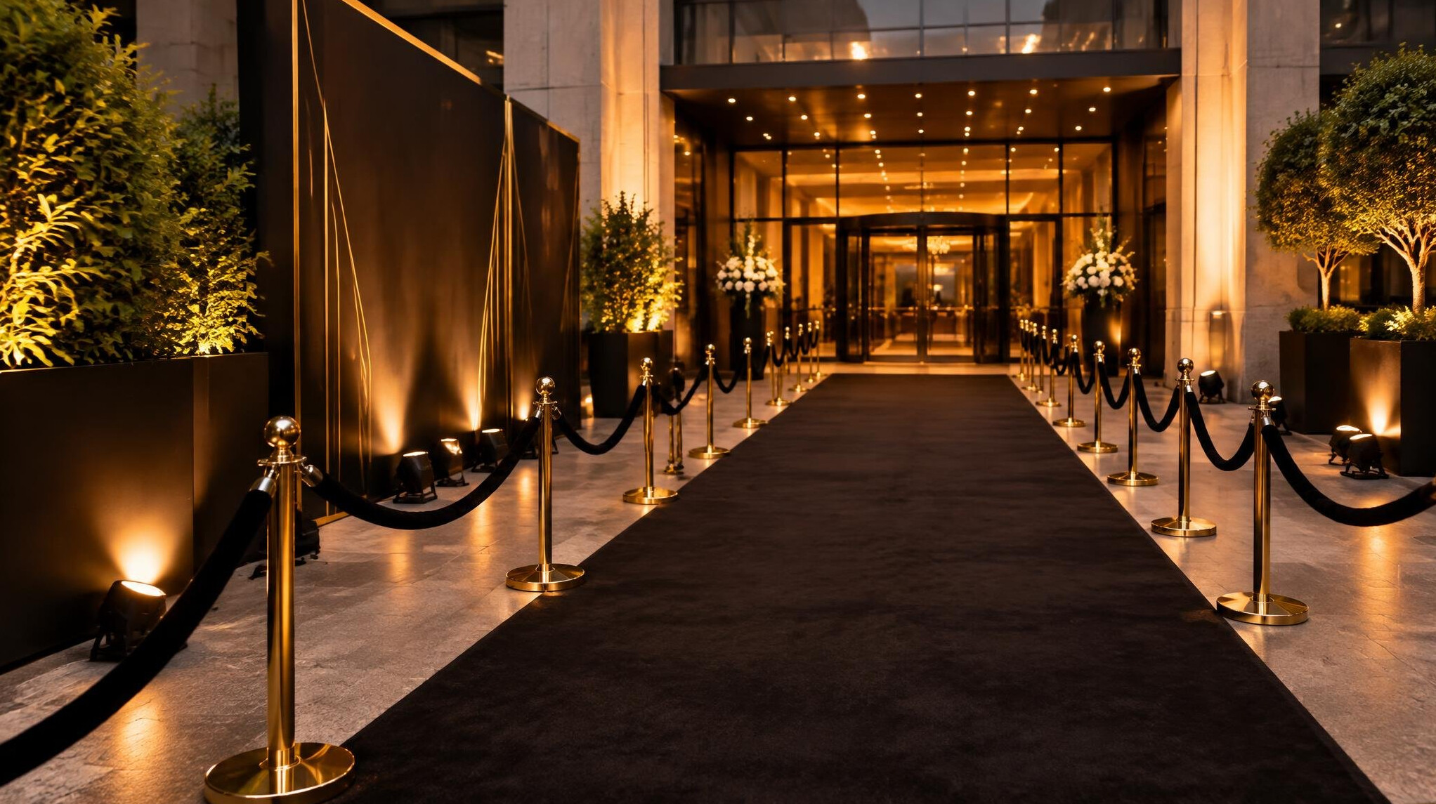 Event entrance lit for guest arrivals
