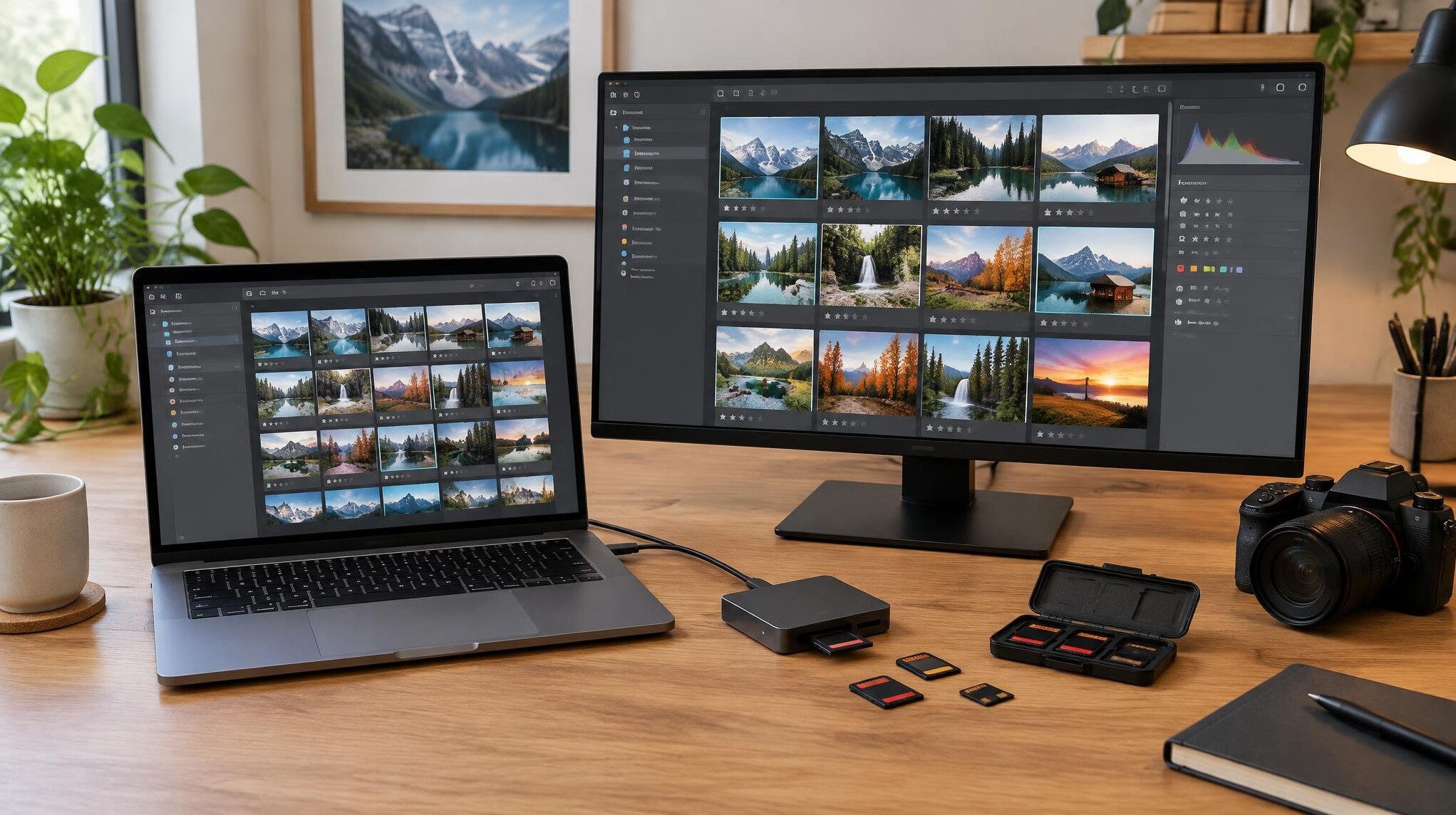 Laptop and monitor with photo editing workflow